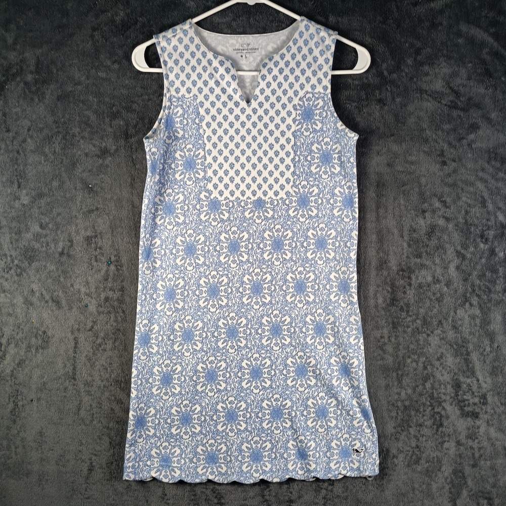 Vineyard Vines Shift Dress Girls L 12 14 Blue White Printed Sleeveless Preppy